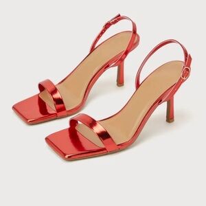 Lulus Xiala Red Patent Square Toe Slingback High Heel Sandals